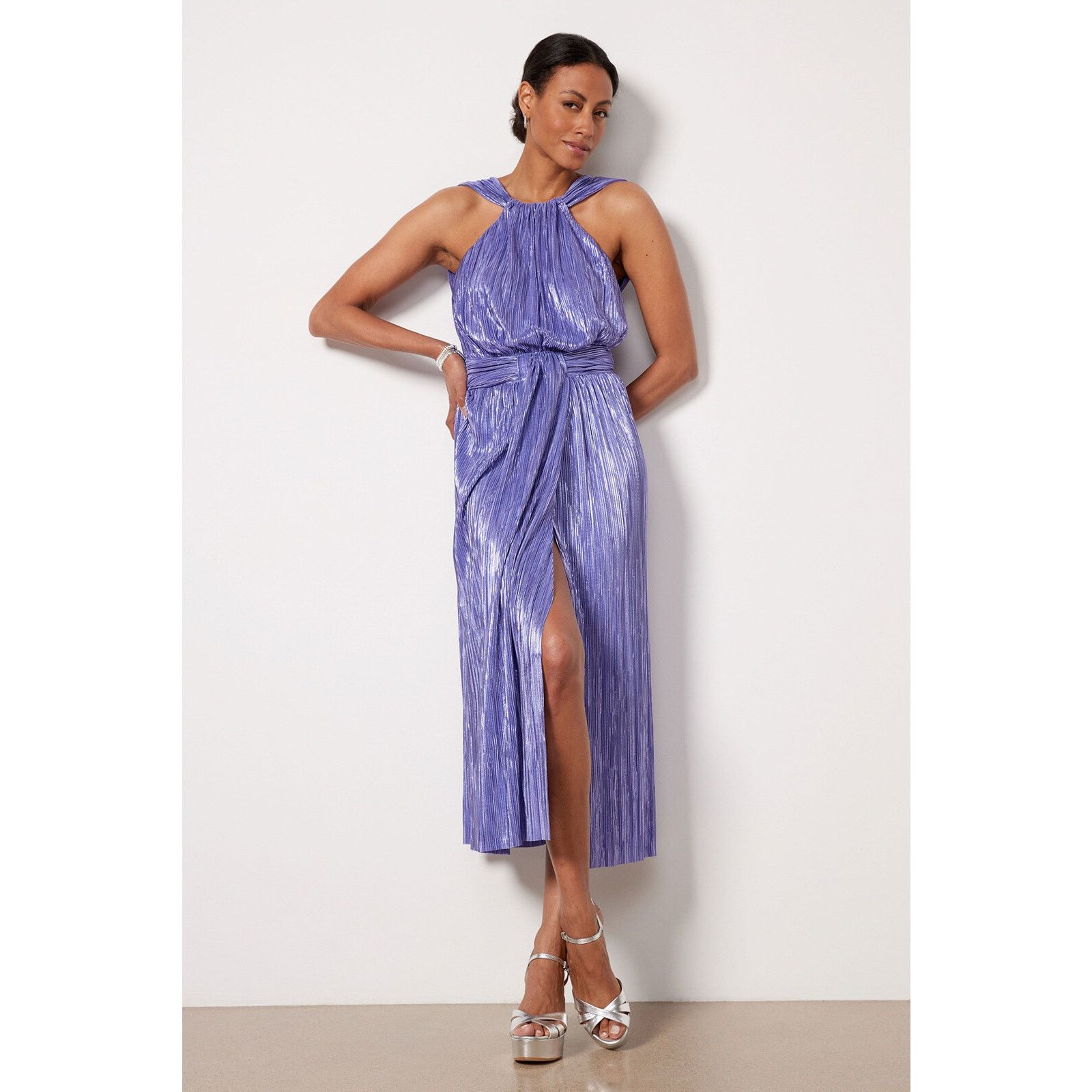 image of Sabina Musayev Siraz Halter Pleated Metallic Dress Large in Purple, Women's