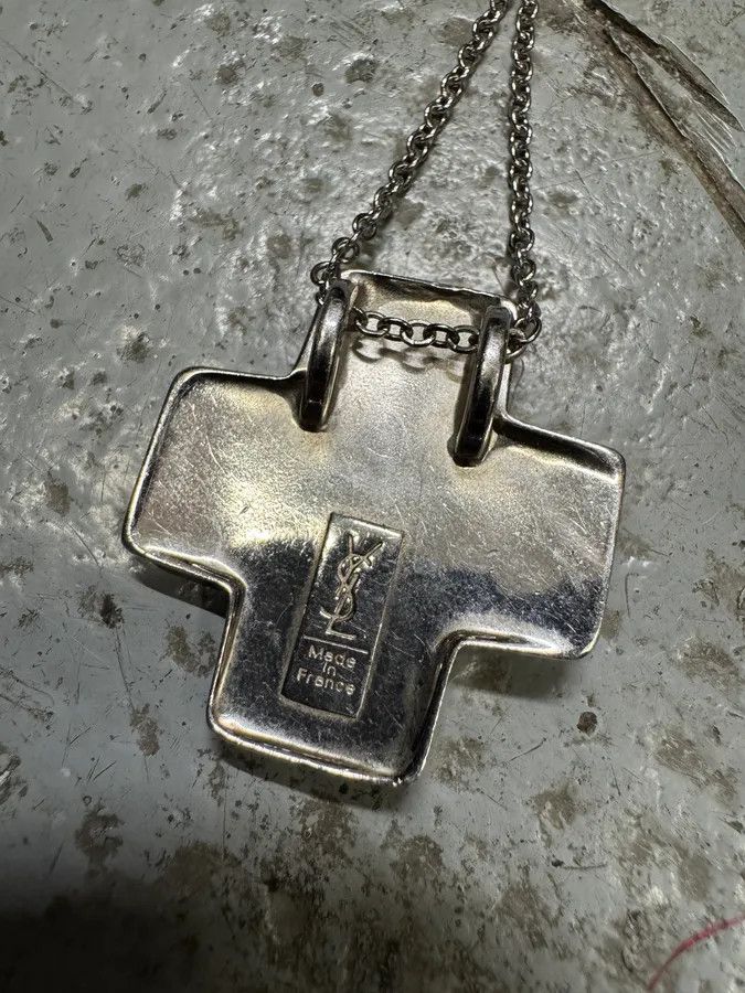 Vintage × Yves Saint Laurent 2000s Yves Saint Laurent Blue Crystal Silver Cross Necklace Size ONE SIZE - 4 Thumbnail