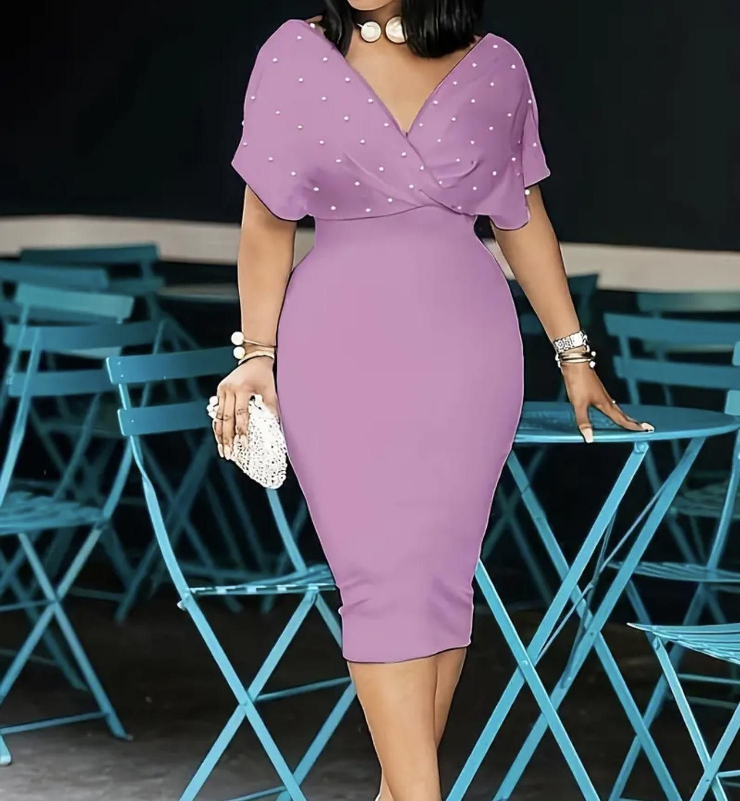 Designer Elegant Purple Dress with Pearl Accents Size 4XL / US 24-26 - 1 Thumbnail