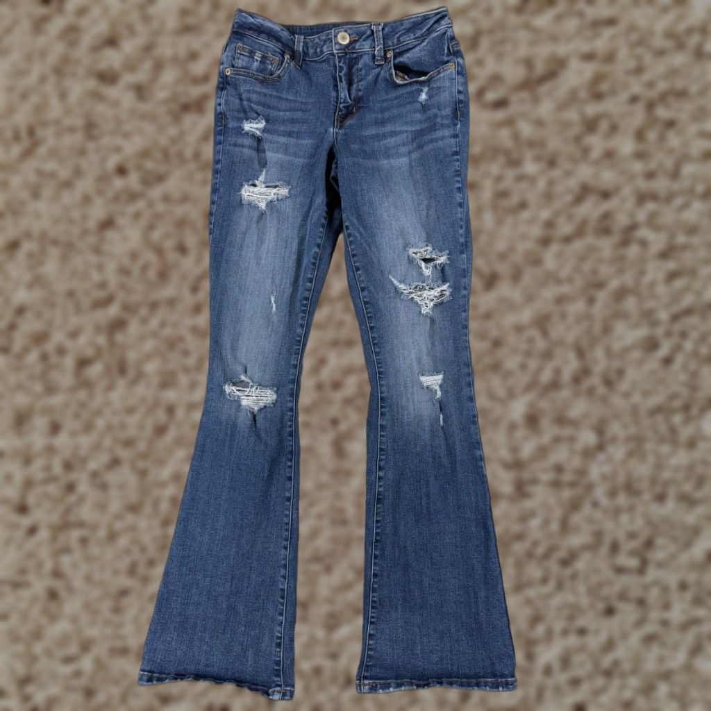 Vintage Maurices Jeans Womens 4 Blue Denim Mid Rise Flare Distressed Cotton 25x31 Size 27" / US 4 / IT 40 - 1 Thumbnail