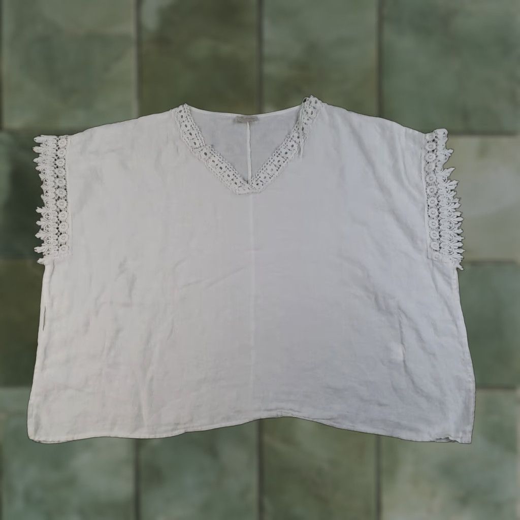 Vintage Bellambra Linen Blouse Womens Large White V-Neck Short Sleeve Casual Tunic Lagenlook Size L / US 10 / IT 46 - 1 Thumbnail