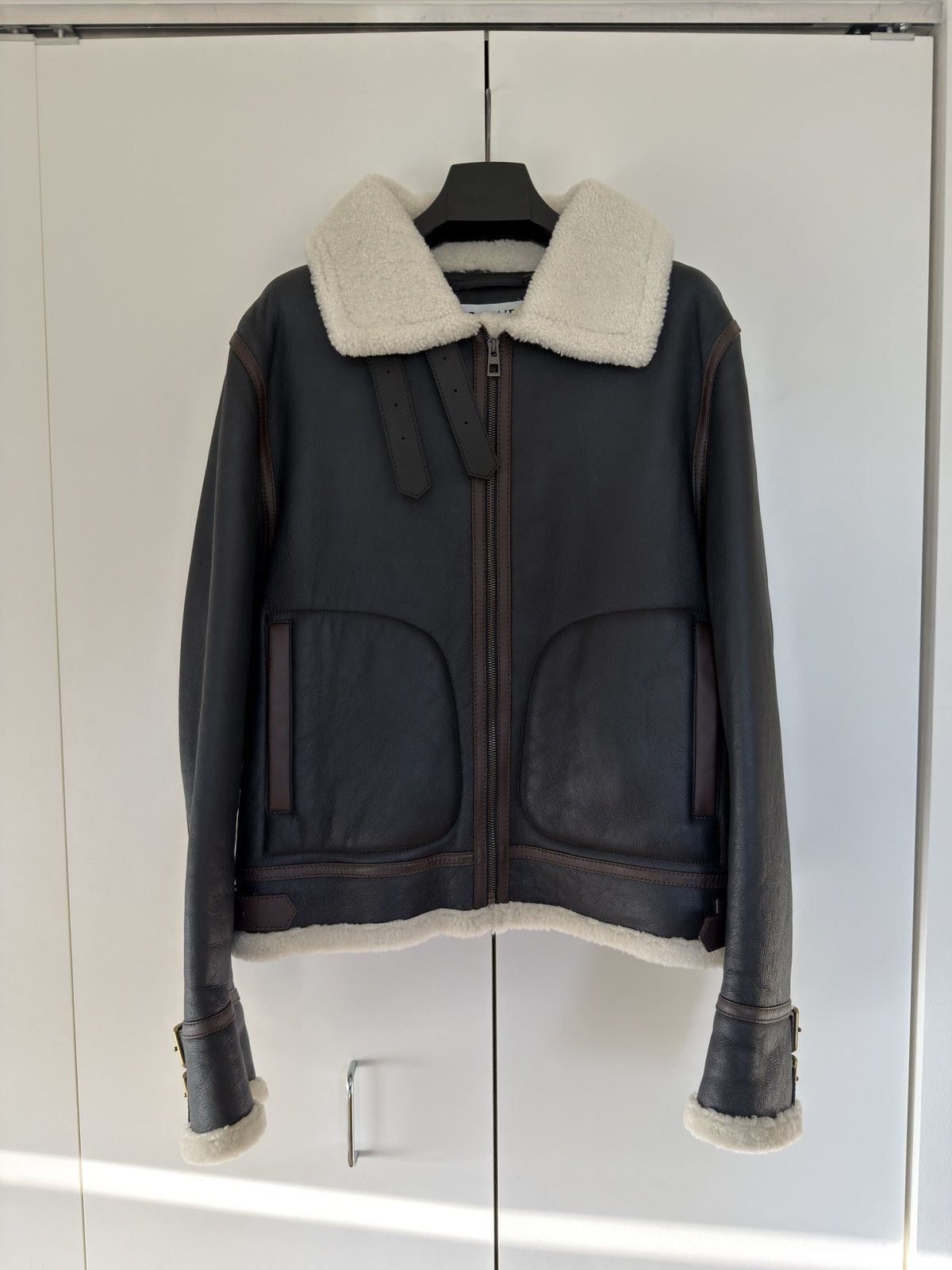 Loewe BNWT Shearling-lined Leather Aviator Jacket Navy Cream 54 Size US XL / EU 56 / 4 - 1 Thumbnail