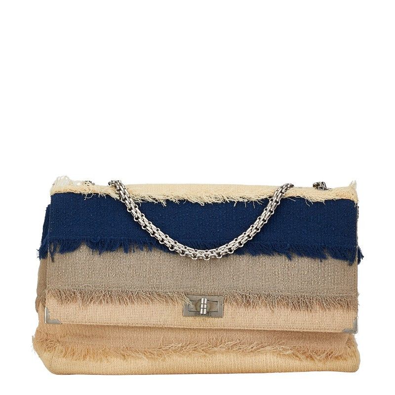Chanel Chanel Chanel Beige Navy Linen Chain Shoulder Bag Natural Material Shoulder Bag in Very Good Condition Size ONE SIZE - 1 Thumbnail