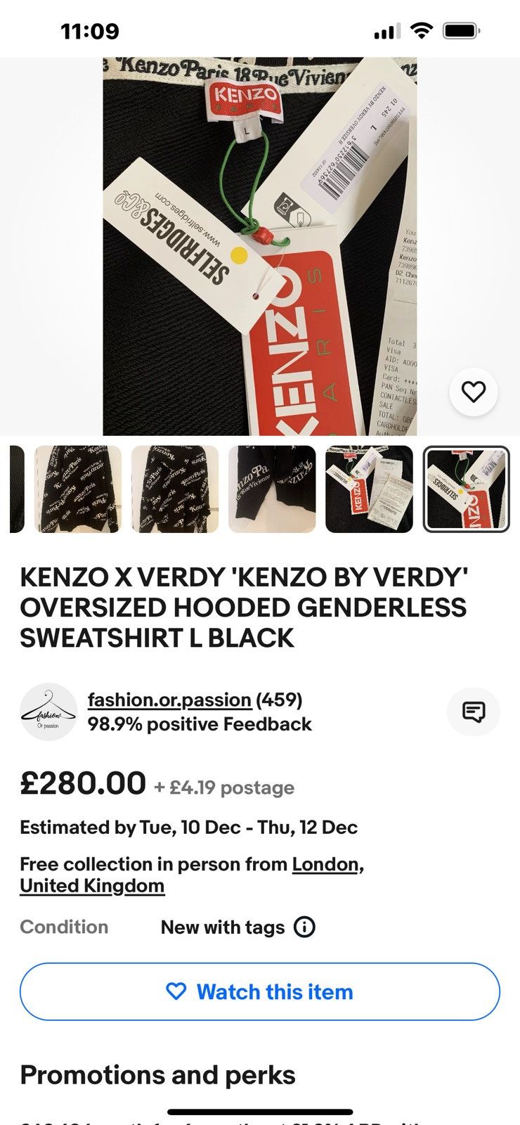Kenzo KENZO X VERDY 'KENZO BY VERDY' OVERSIZED HOODED XL BLACK Size US L / EU 52-54 / 3 - 13 Thumbnail