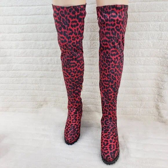 Other Fever Red Leopard Stretch Lace Up Back OTK Chunky Heel Boots Size US 7.5 / IT 37.5 - 6 Thumbnail