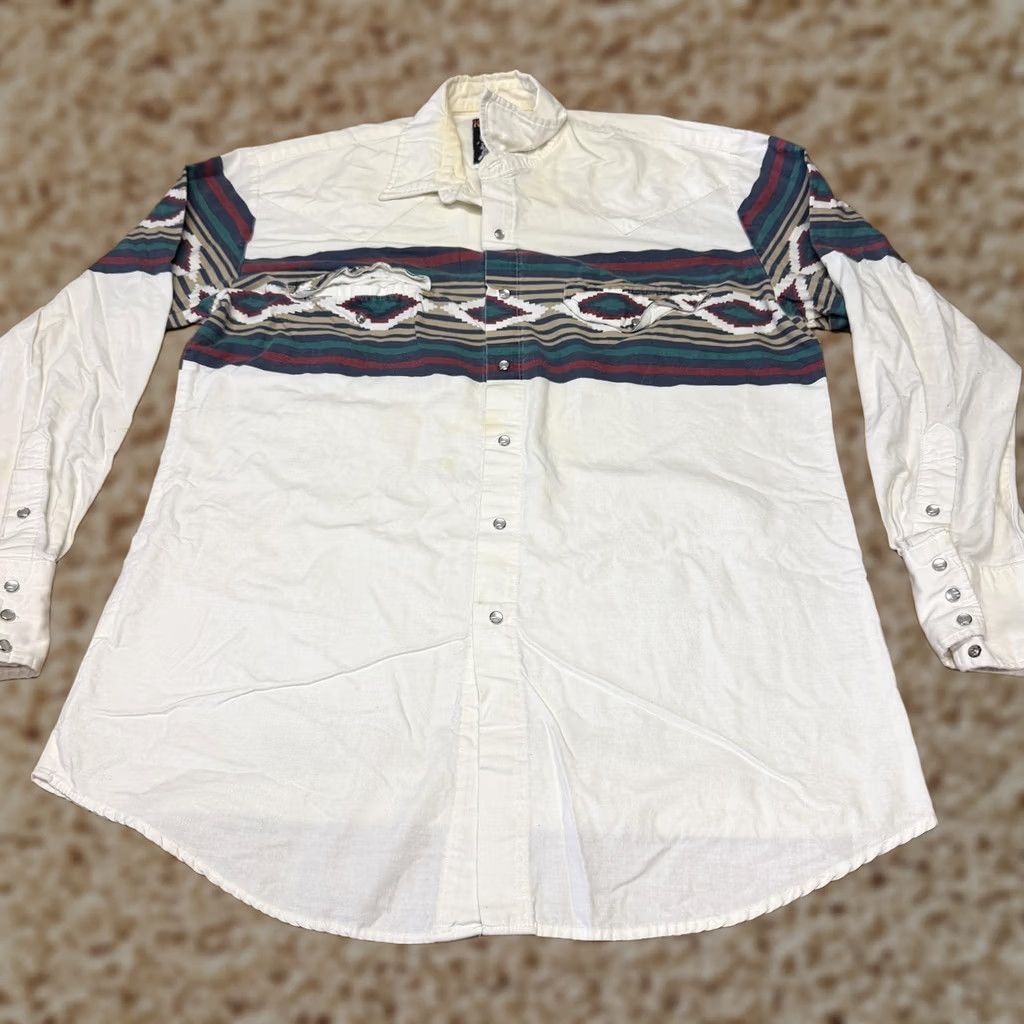 Armani Karman Shirt Mens Large White Southwestern Aztec Western Pearl Snap Long Sleeve Size US L / EU 52-54 / 3 - 1 Thumbnail