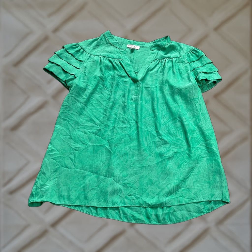 Vintage Current Air Blouse Women Small Green Tropical V-Neck Pleated Short Sleeve Tunic Casual Shirt Size S / US 4 / IT 40 - 1 Thumbnail