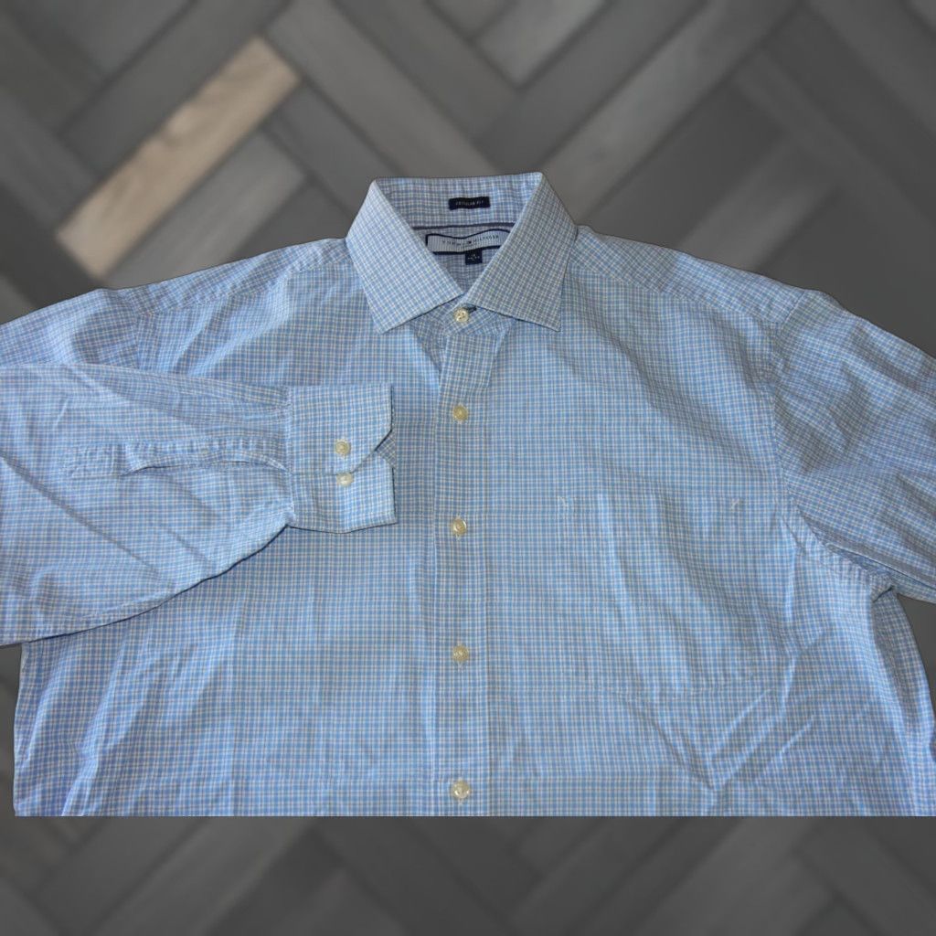 Tommy Hilfiger TOMMY HILFIGER Men's Blue Plaid Dress Shirt Size 16-34/35 Long Sleeve Size 42R - 1 Thumbnail