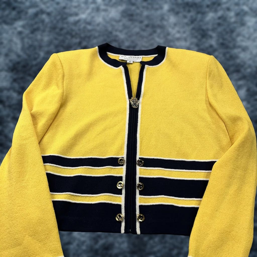 Vintage VINTAGE St John Collection Sweater Jacket Womens 10 Yellow Santana Full Zip Cardigan Knit Crew Neck Striped 80s 90s Designer Womens Size L / US 10 / IT 46 - 1 Thumbnail