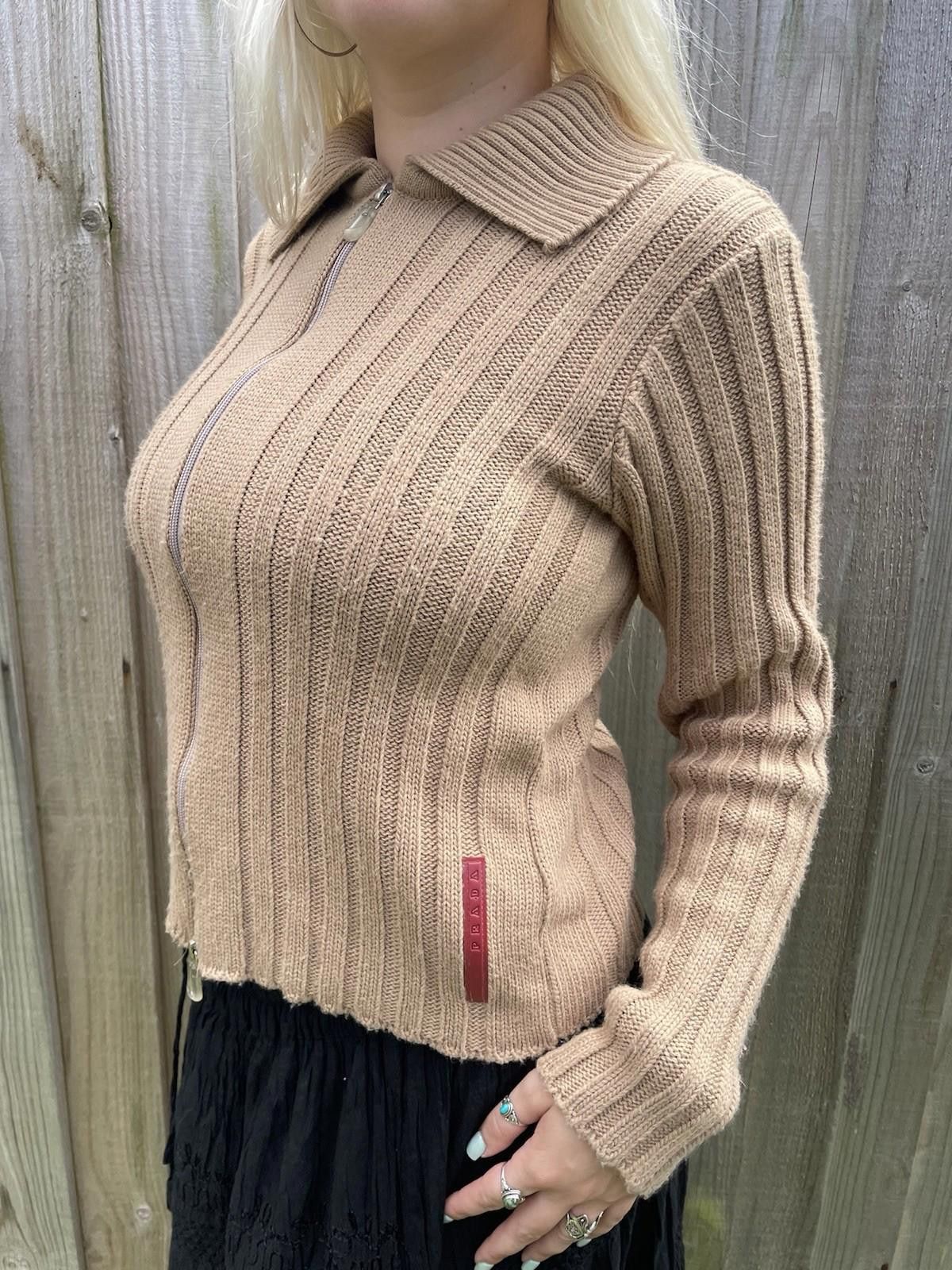 Designer Vintage 90s Prada Ribbed Collared Wool Zip Up Jacket Size M / US 6-8 / IT 42-44 - 2 Thumbnail