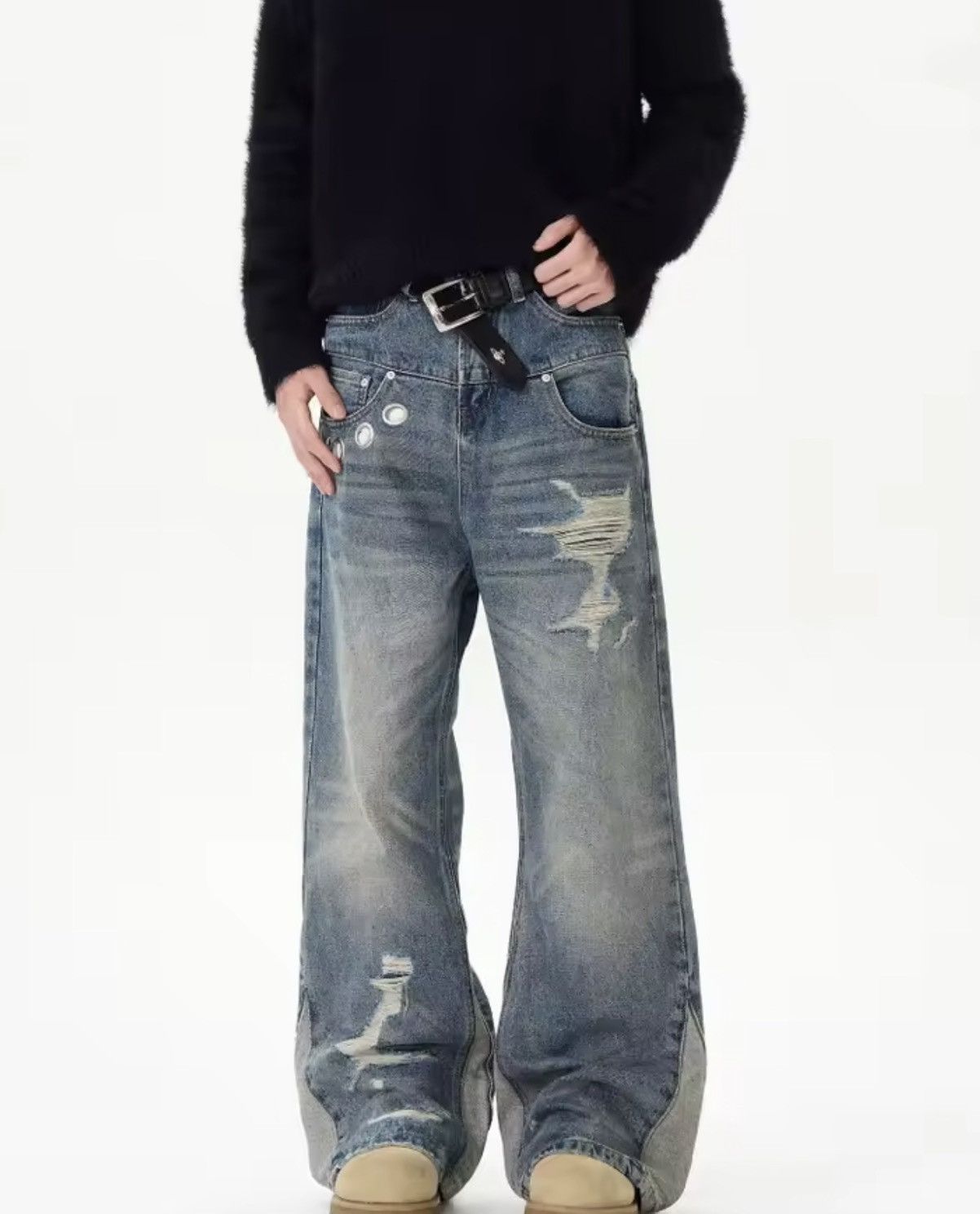 Jean Button Accent Distressed Splicing Flared Jeans Size US 33 - 6 Thumbnail