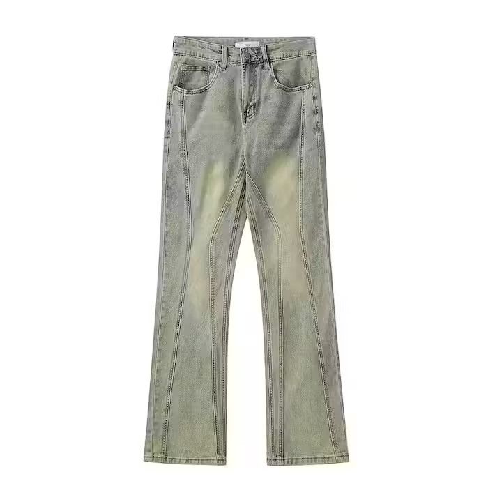 image of Distressed Denim Yellow Washed Striped Flare Jeans in Blue, Men's (Size 28)