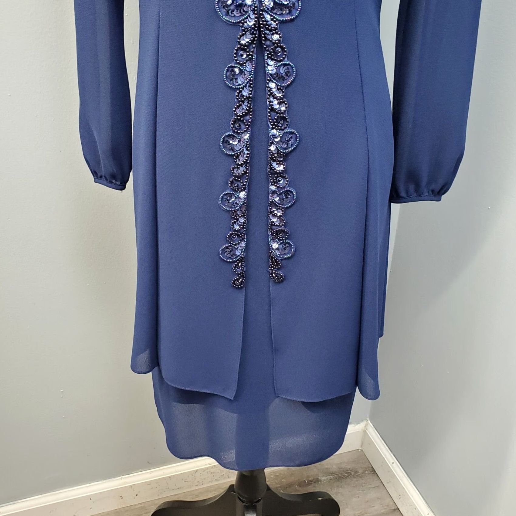 Vintage Ursula Dress Womens 6P Navy Beaded Embellished Shoulder Pads Back Zip Midi Dress Size M / US 6-8 / IT 42-44 - 6 Thumbnail