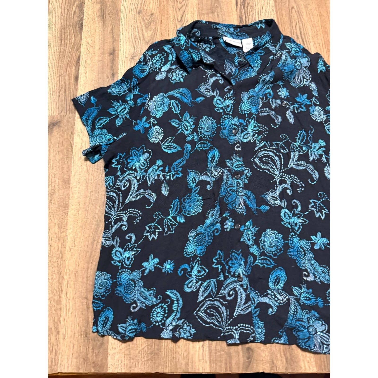 Vintage Jaclyn Smith Shirts Men's 2X Blue Black Short Sleeve Button-Up Casual Shirt | Blue Black Solid Polyester Jaclyn Smith Casual Button-Up 2X Mens Size XXL / US 16-18 / IT 52-54 - 3 Thumbnail