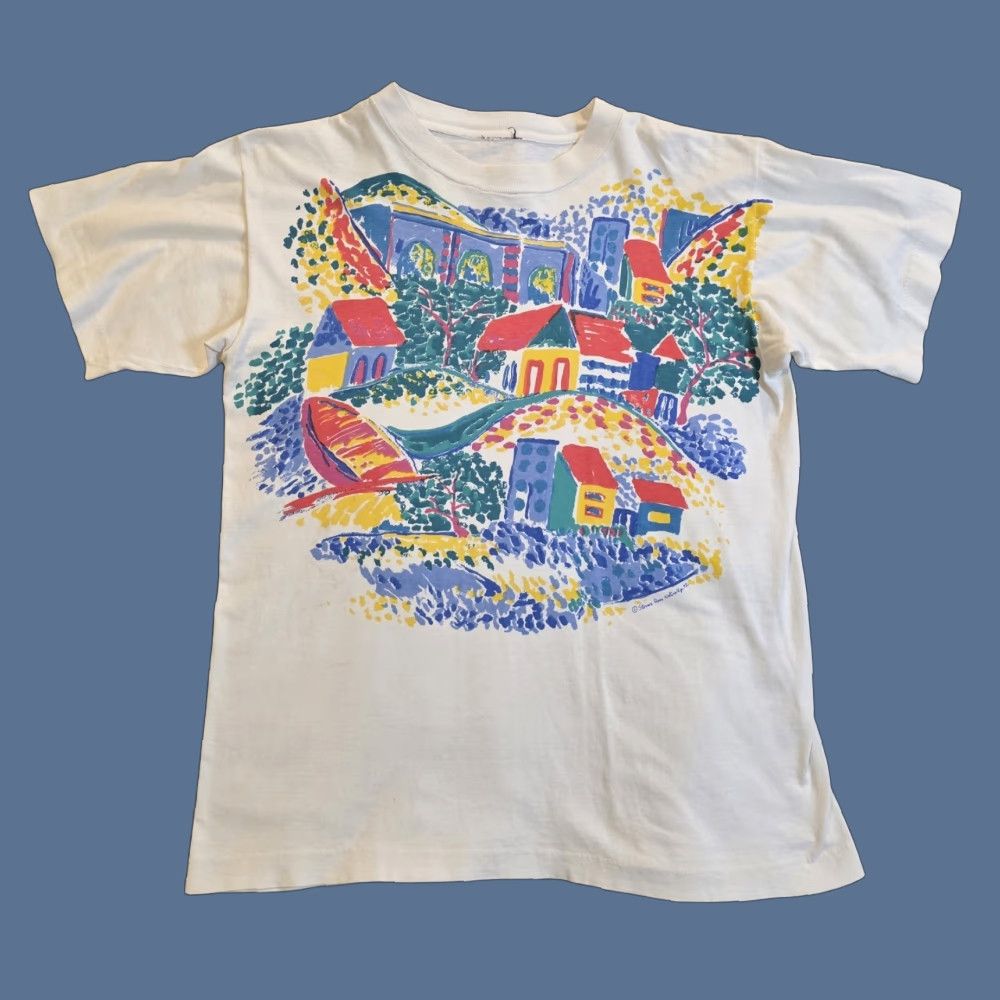 Vintage VINTAGE 1992 Steven Ross Naturally Country Townscape Art T-Shirt Large White Mens Single Stitch Graphic Print 90s Cotton Crew Neck Short Sleeve Size US L / EU 52-54 / 3 - 1 Thumbnail
