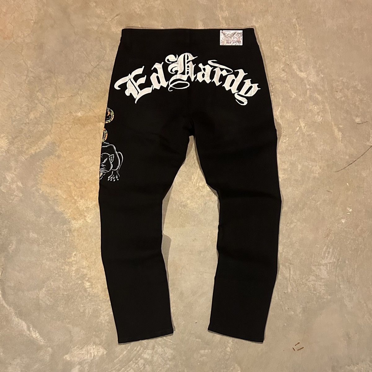 image of Crazy Vintage Y2K Ed Hardy Spellout Embroidered Jeans Skater in Black, Men's (Size 36)