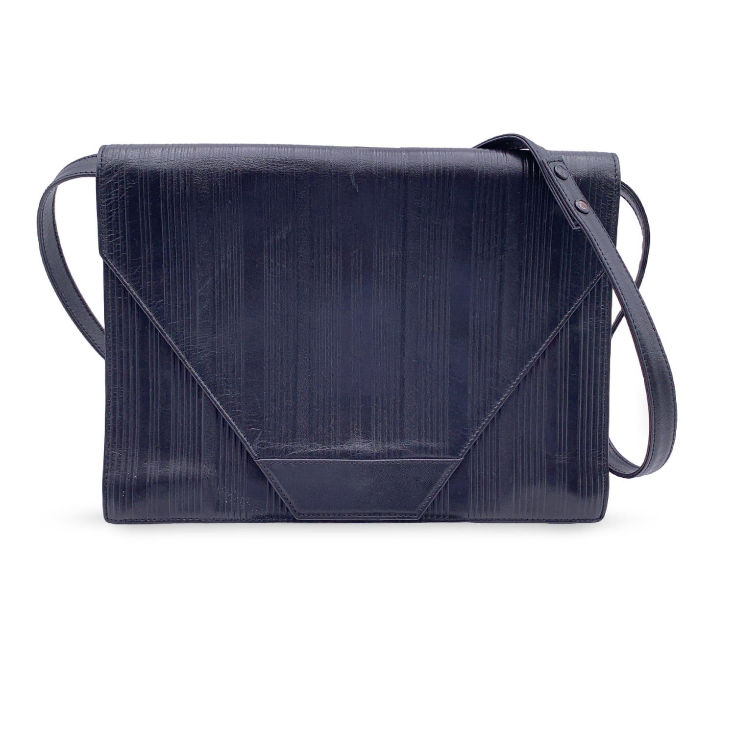 image of Versacegianni Vintage Black Ribbed Leather Convertible Shoulder Bag, Women's