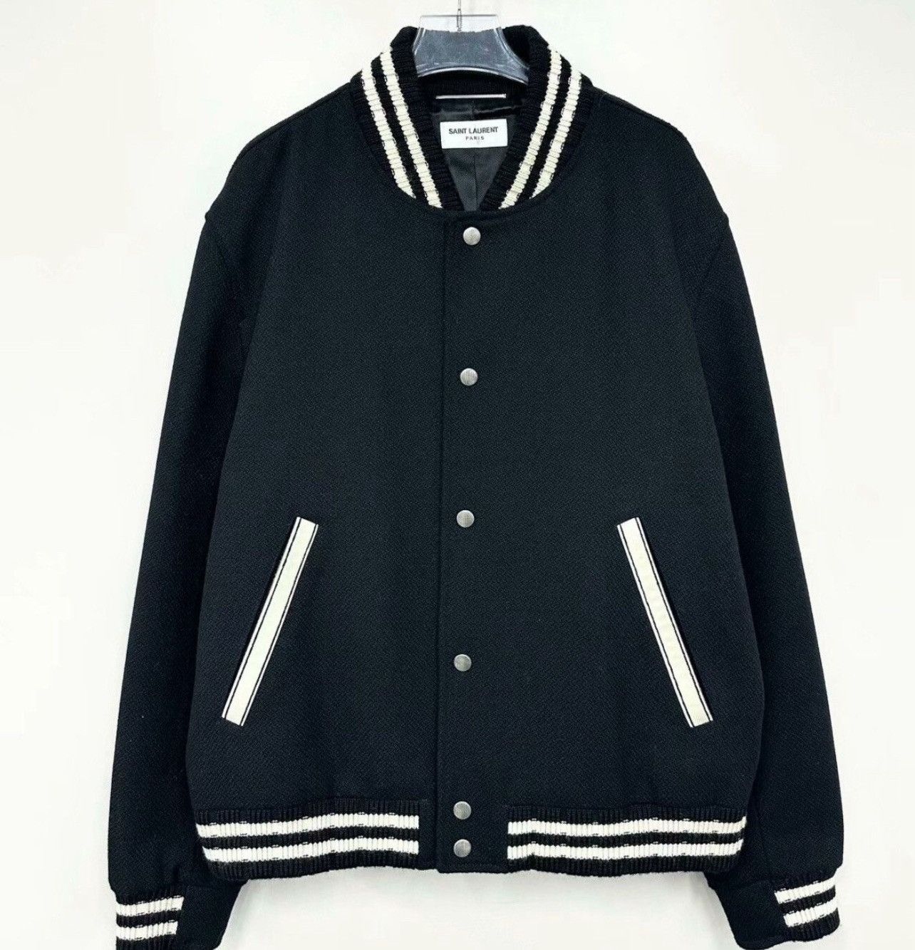 Saint Laurent Paris Teddy Jacket wool bomber in black with logo Size US XL / EU 56 / 4 - 2 Thumbnail