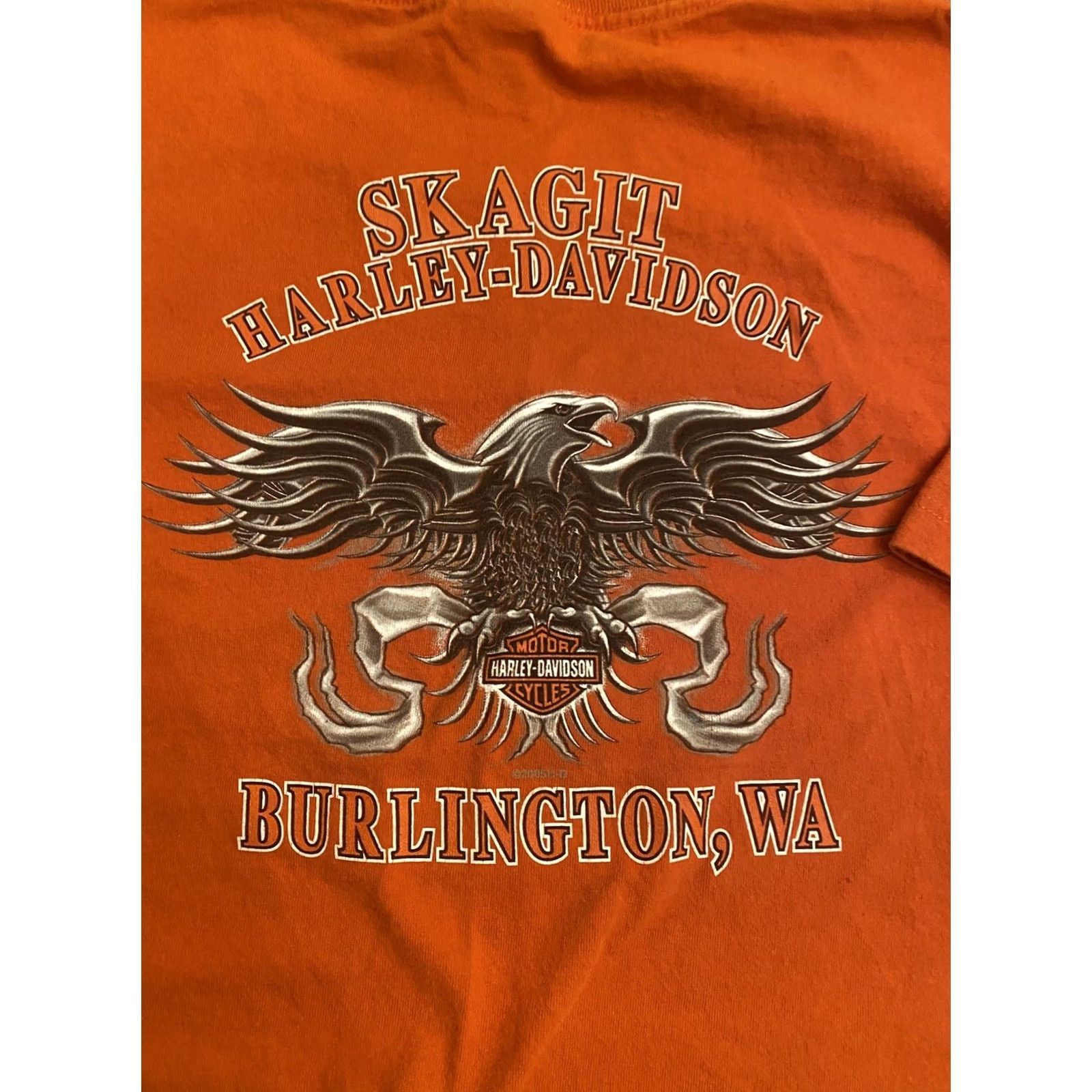 Harley Davidson Harley-Davidson T-Shirt Men's 2XL Orange Big Graphic 2000s Burlington Skagit WA Short Sleeve Crew Neck Shirt Size US XXL / EU 58 / 5 - 2 Thumbnail