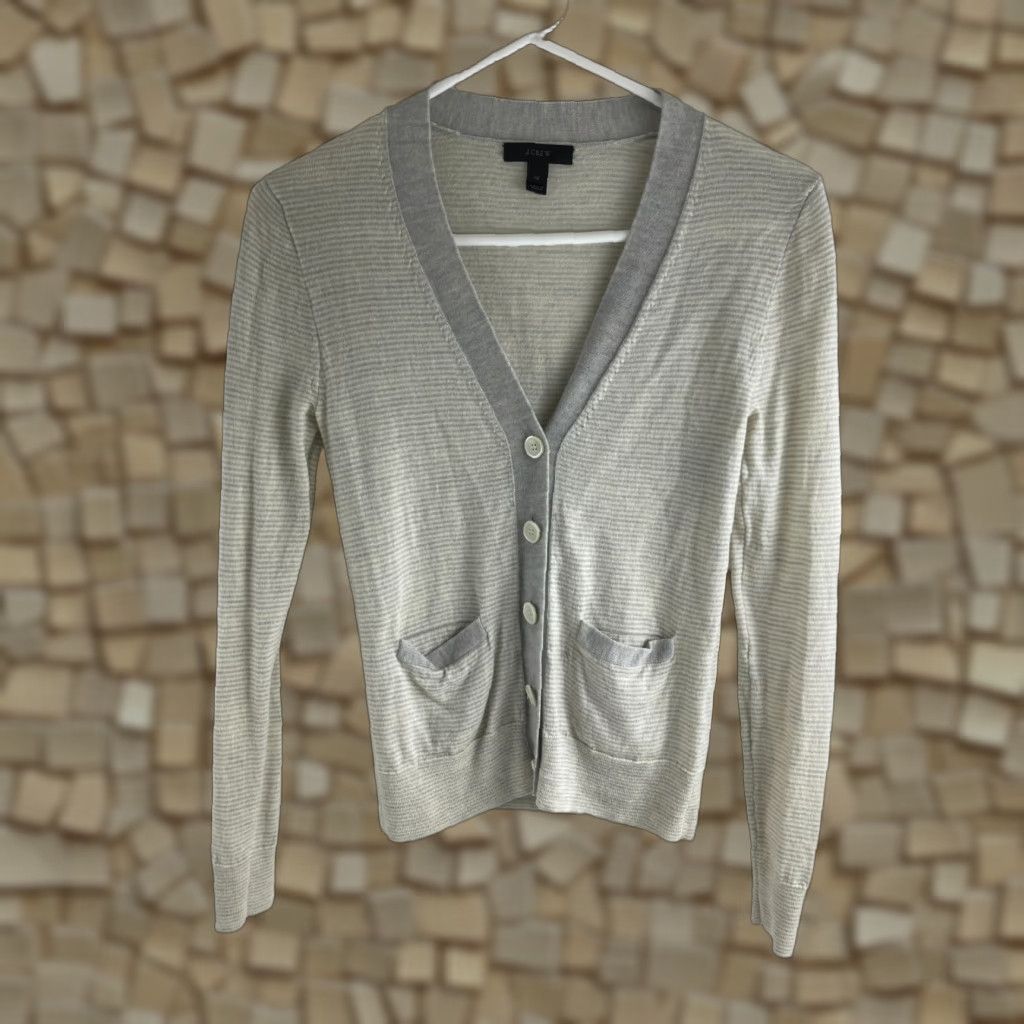 J.Crew VINTAGE J.CREW Cardigan Sweater Women's XS Striped Cream Gray Button Front Pockets Size XS / US 0-2 / IT 36-38 - 1 Thumbnail