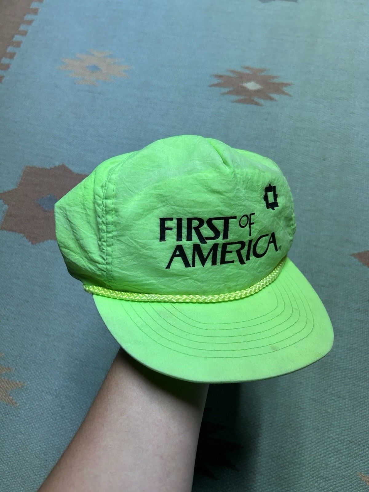 Vintage Vtg 90s SnapBack hat first of America bank hi vis neon nylon Size ONE SIZE - 1 Thumbnail