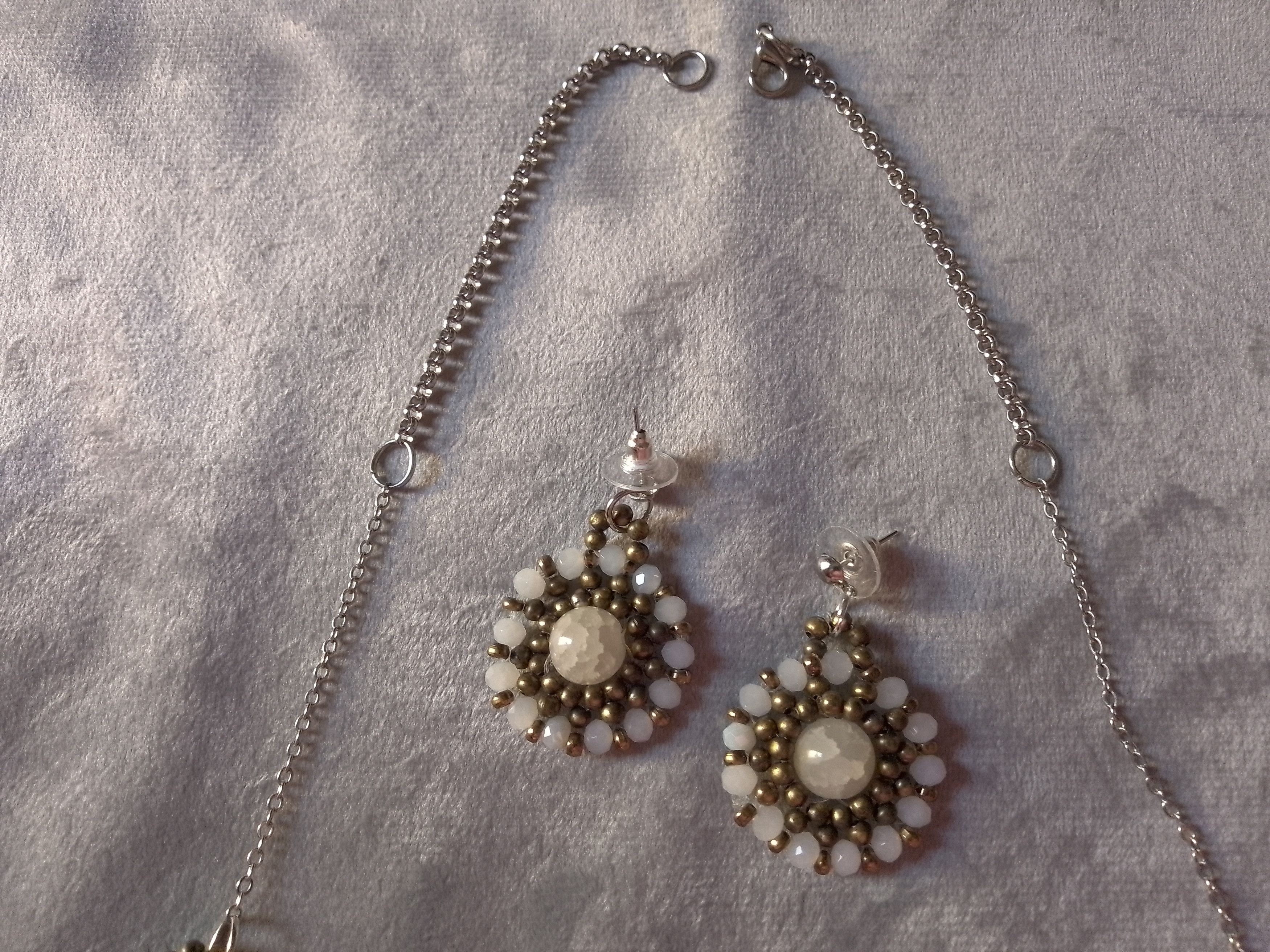Handmade Necklace. Long. Earrings. White Gemstone. Crystal, brass Size ONE SIZE - 4 Thumbnail