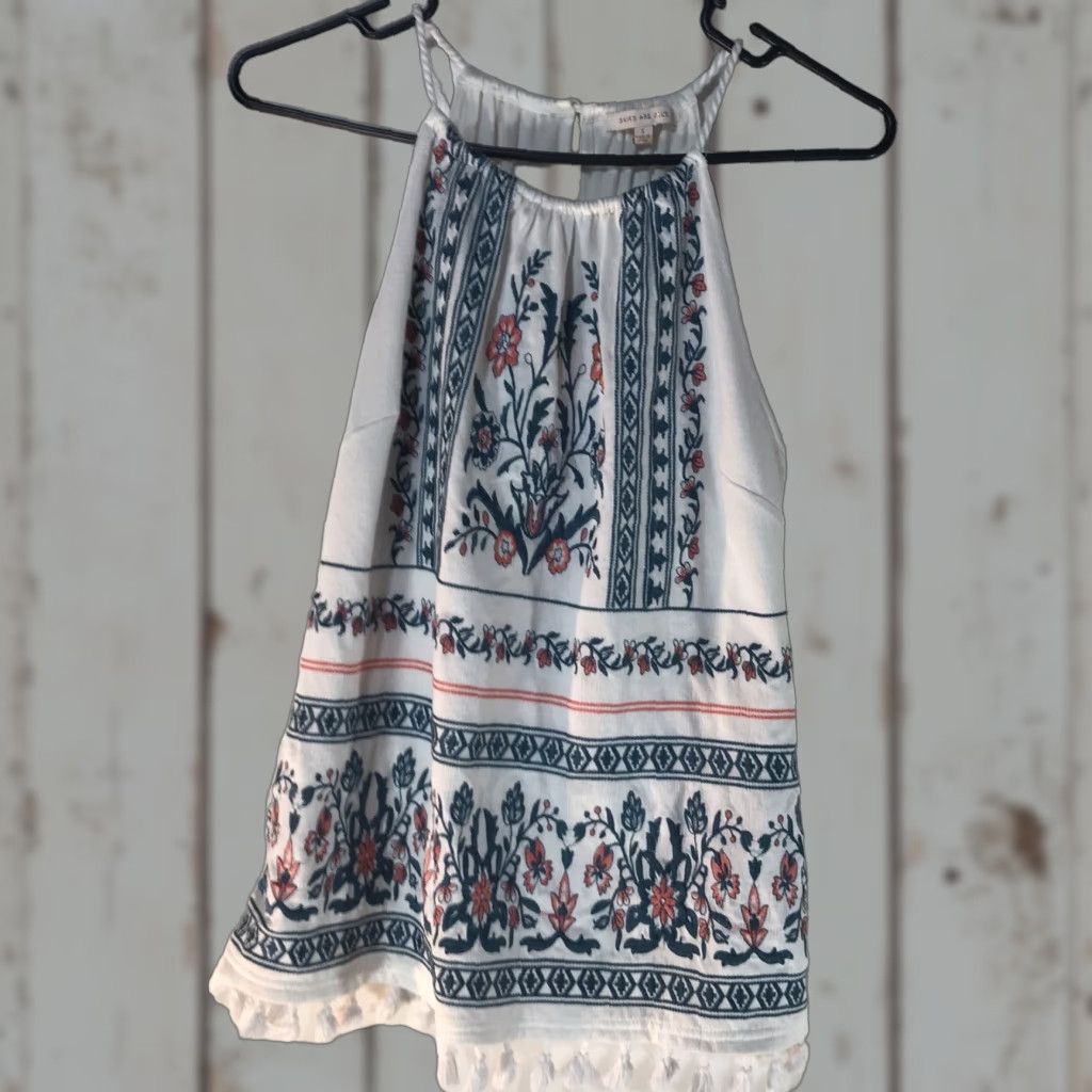 Vintage VINTAGE Skies Are Blue Women's Tank Top Halter S White Embroidered Aztec Summer Size S / US 4 / IT 40 - 1 Thumbnail