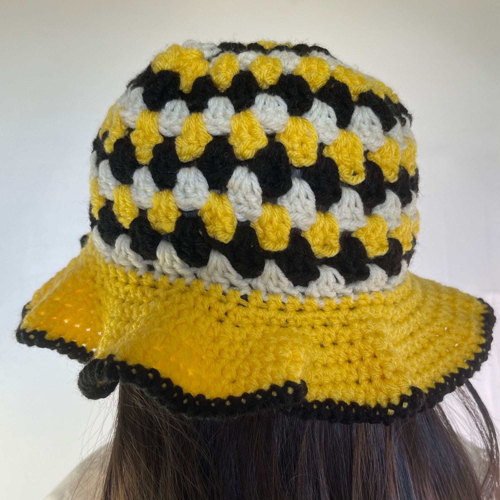 Handmade Crochet Bucket Hat Granny Square Pattern Black Yellow Off-Wh Size ONE SIZE - 4 Thumbnail