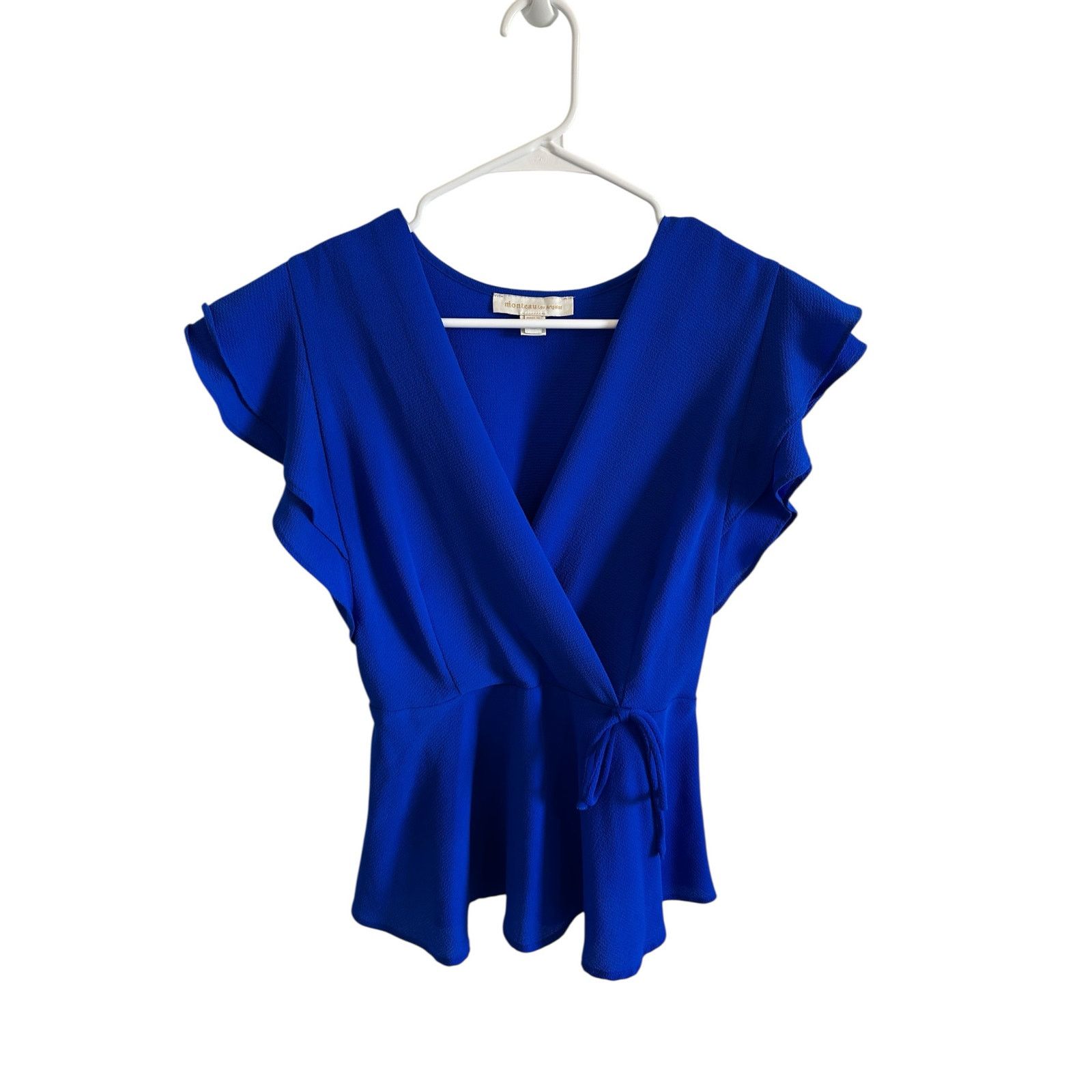 Other Monteau Blue Faux Wrap Ruffle Short Sleeve V-Neck Blouse Size M / US 6-8 / IT 42-44 - 3 Thumbnail