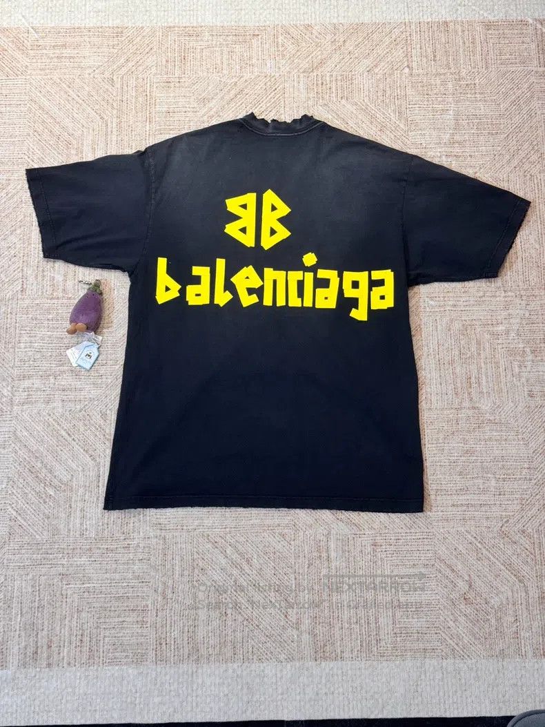 Balenciaga Balenciaga Tape Logo Dark Blue Distressed Short Sleeve - M Size US M / EU 48-50 / 2 - 2 Thumbnail