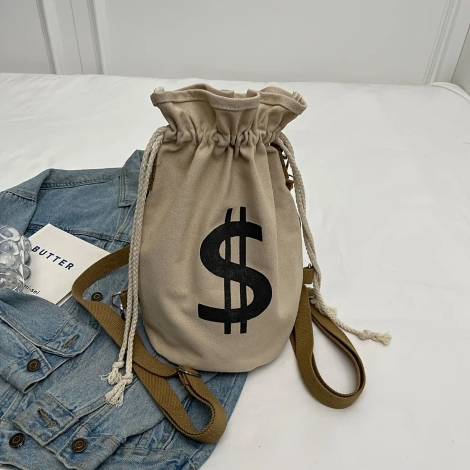 Other Bank Heist Money Bag Satchel Canvas Backpack - Beige Size ONE SIZE - 4 Thumbnail