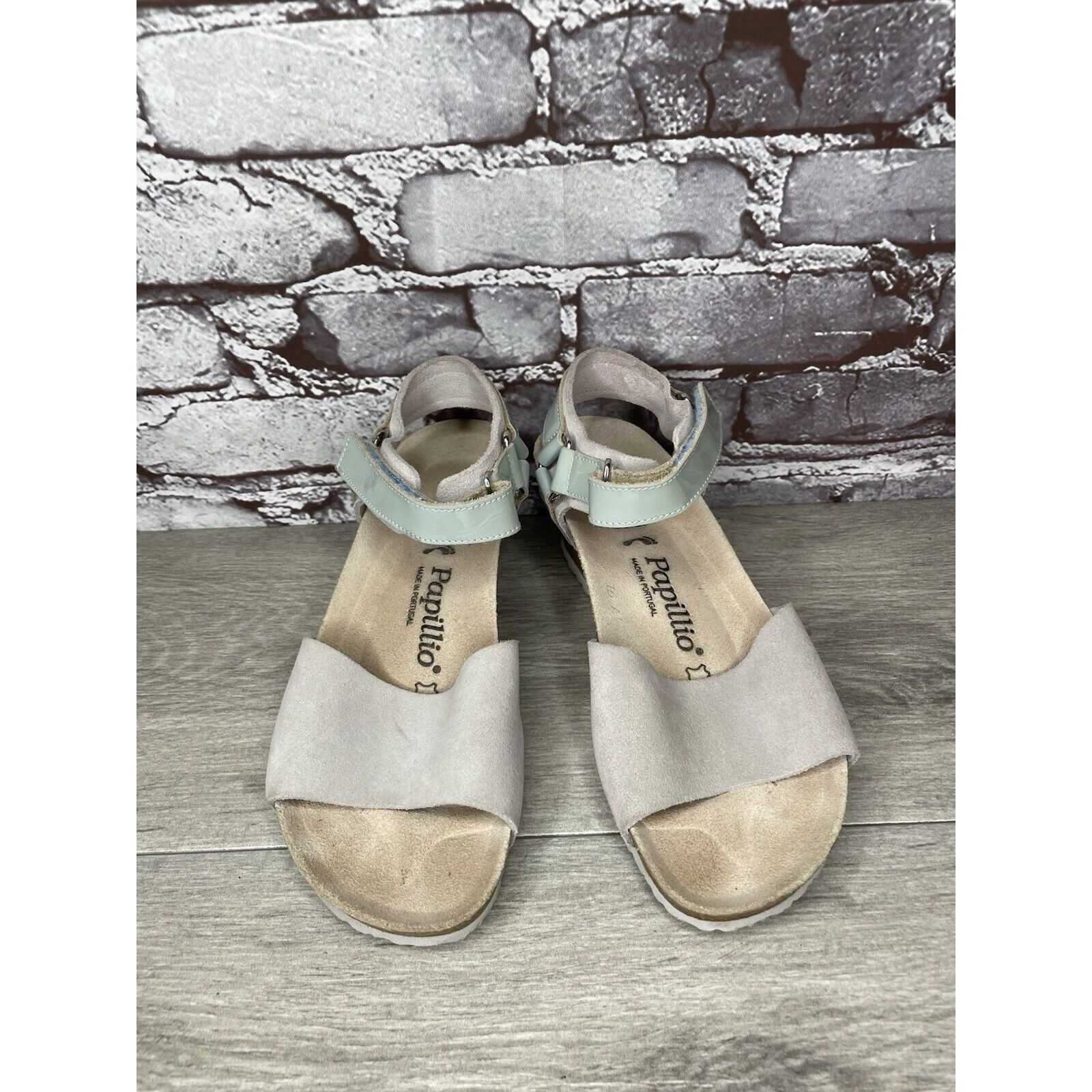 Birkenstock Papillio Grey Nubuck Suede Teal Patent Cork Wedg