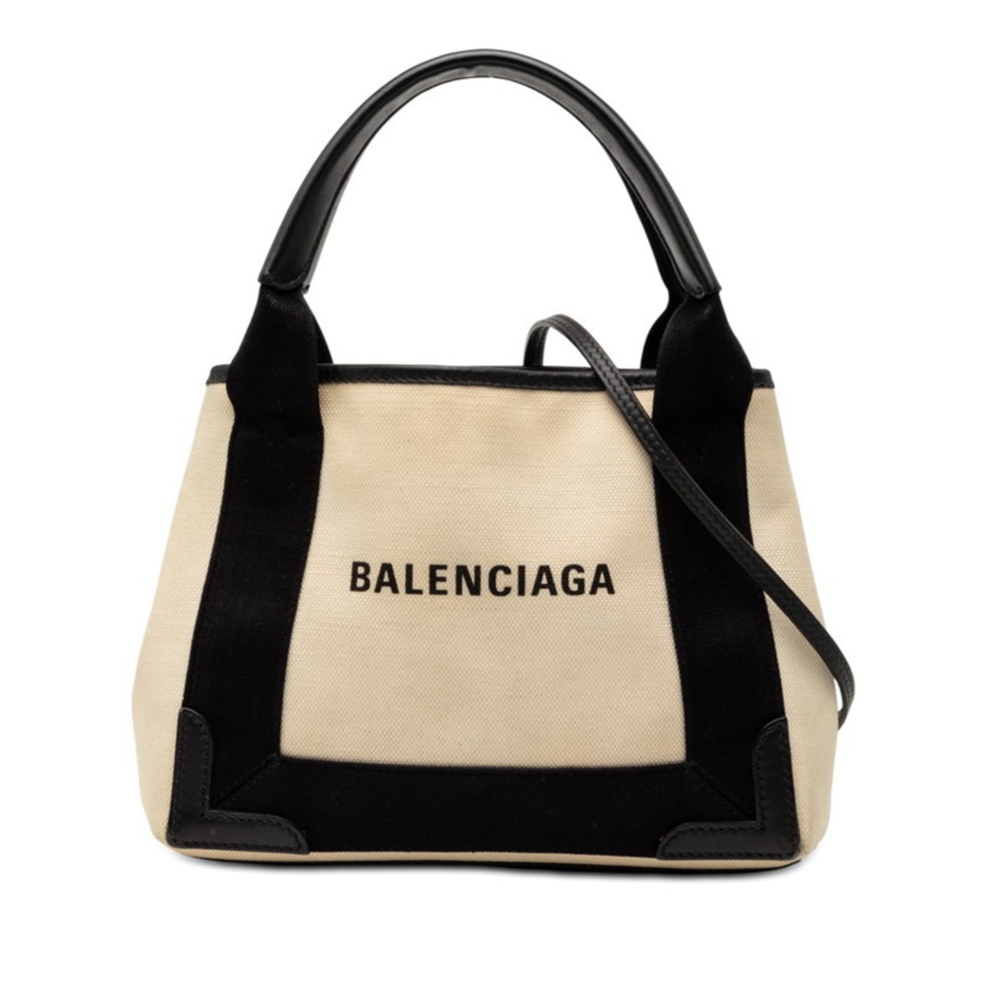 Balenciaga Navy Cabas XS Shoulder/Handbag 2-Way 390346 Ivory Black Canvas Leather Women's BALENCIAGA