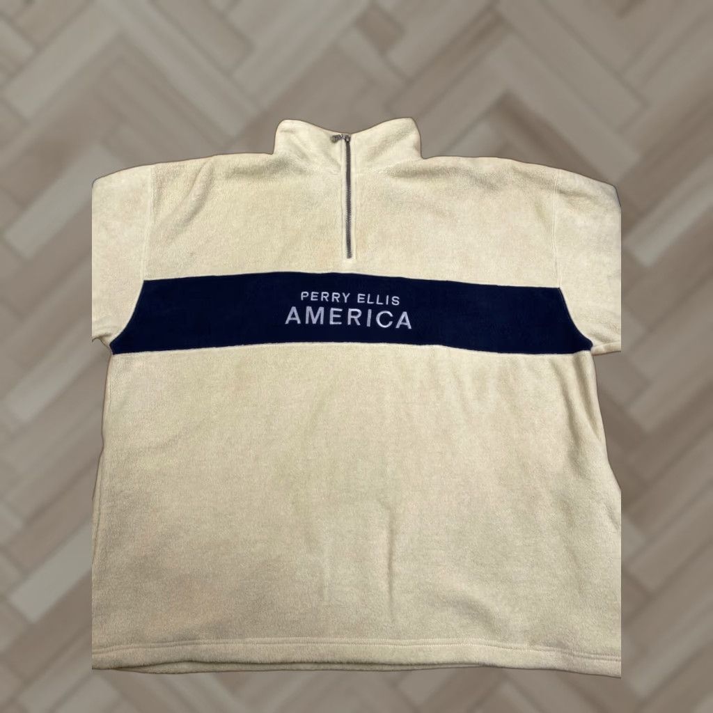 Perry Ellis VINTAGE Perry Ellis America Active Pullover 1/4 Zip Tan Beige Fleece Mock Neck Long Sleeve Sweatshirt Mens L 90s Retro Outdoor Casual Size US L / EU 52-54 / 3 - 1 Thumbnail