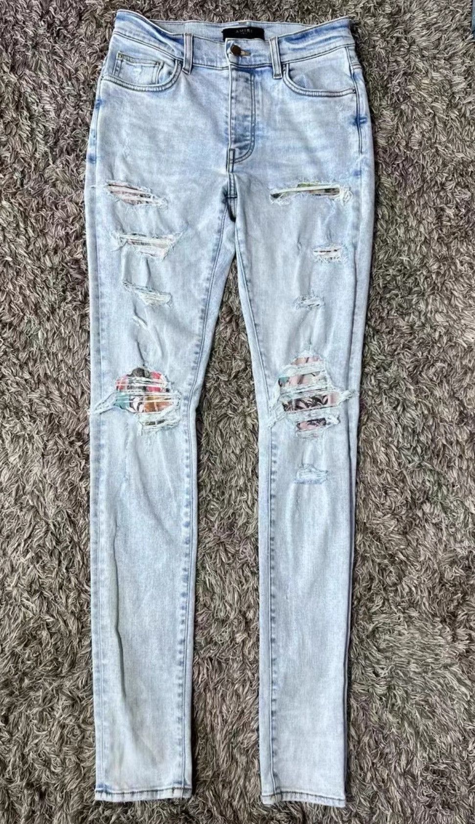image of Amiri New Light-Colored Coconut Patchwork Knife Cut Jeans in Blue, Men's (Size 32)