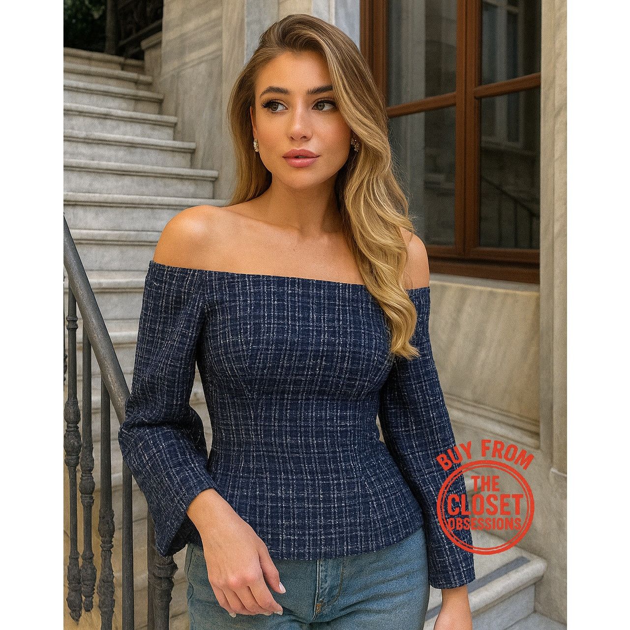 Zara Zara Navy Tweed Off Shoulder Top NWT M Size M / US 6-8 / IT 42-44 - 1 Thumbnail