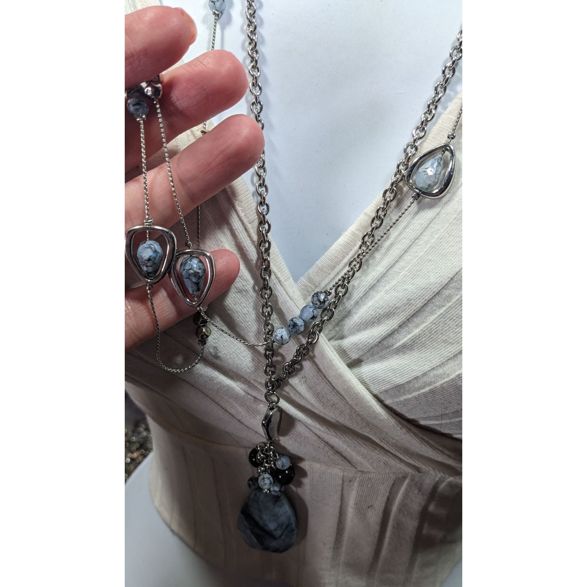 Chicos Chico's Blue Stone Teardrop And Charm Silver Tone Chain Neck Size ONE SIZE - 3 Thumbnail