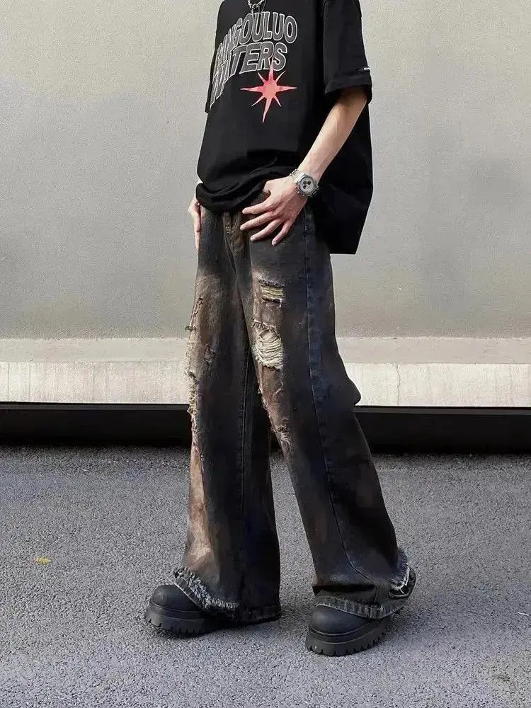 Japanese Brand Retro loose fitting straight leg distressed jeans Size US 32 / EU 48 - 3 Thumbnail