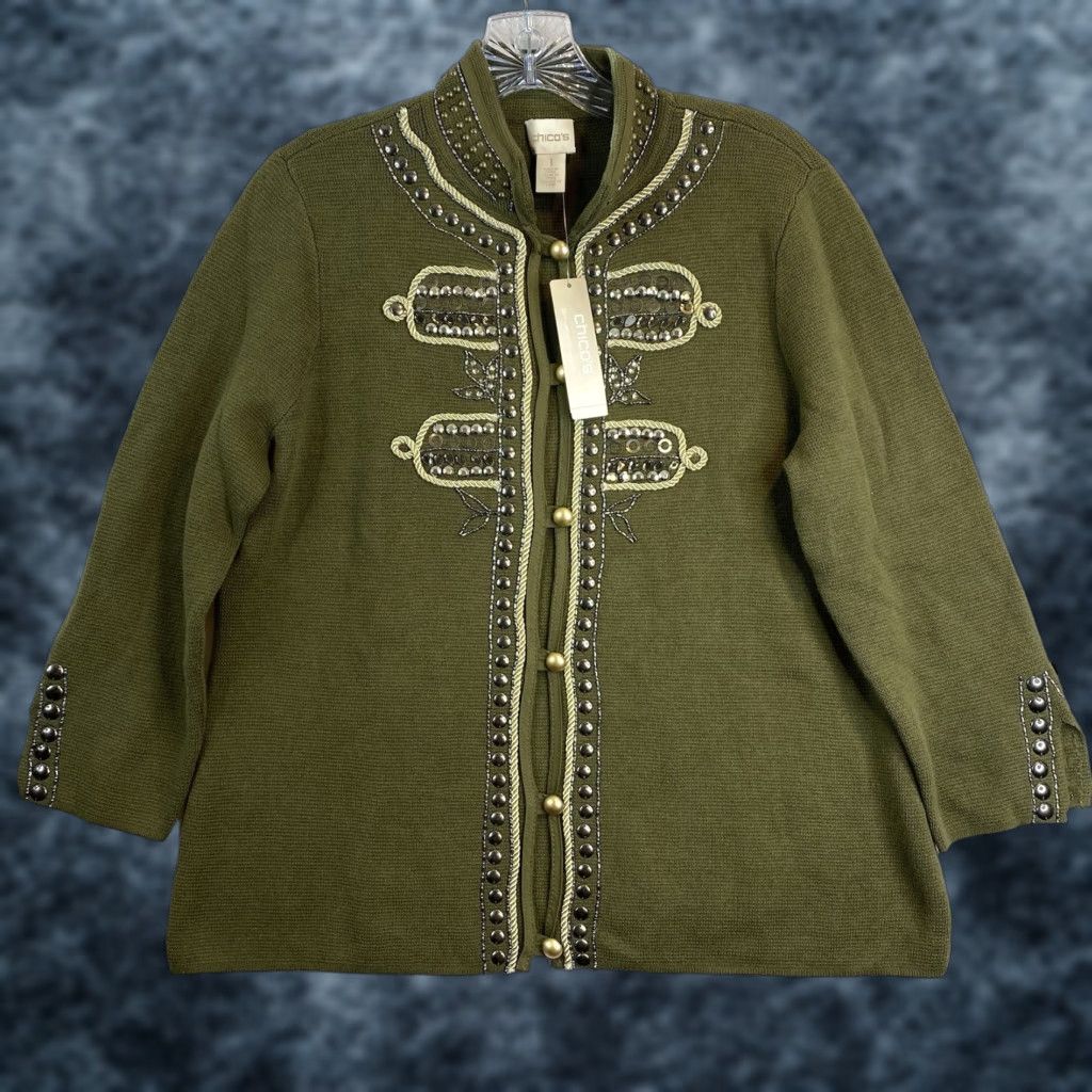 Vintage Chicos Cardigan Sweater 1 M 8/10 Olive Green Beaded Studded 3/4 Sleeve NWT Women's Knit 100% Cotton Button Up High Neck Modern Classic Size M / US 6-8 / IT 42-44 - 1 Thumbnail
