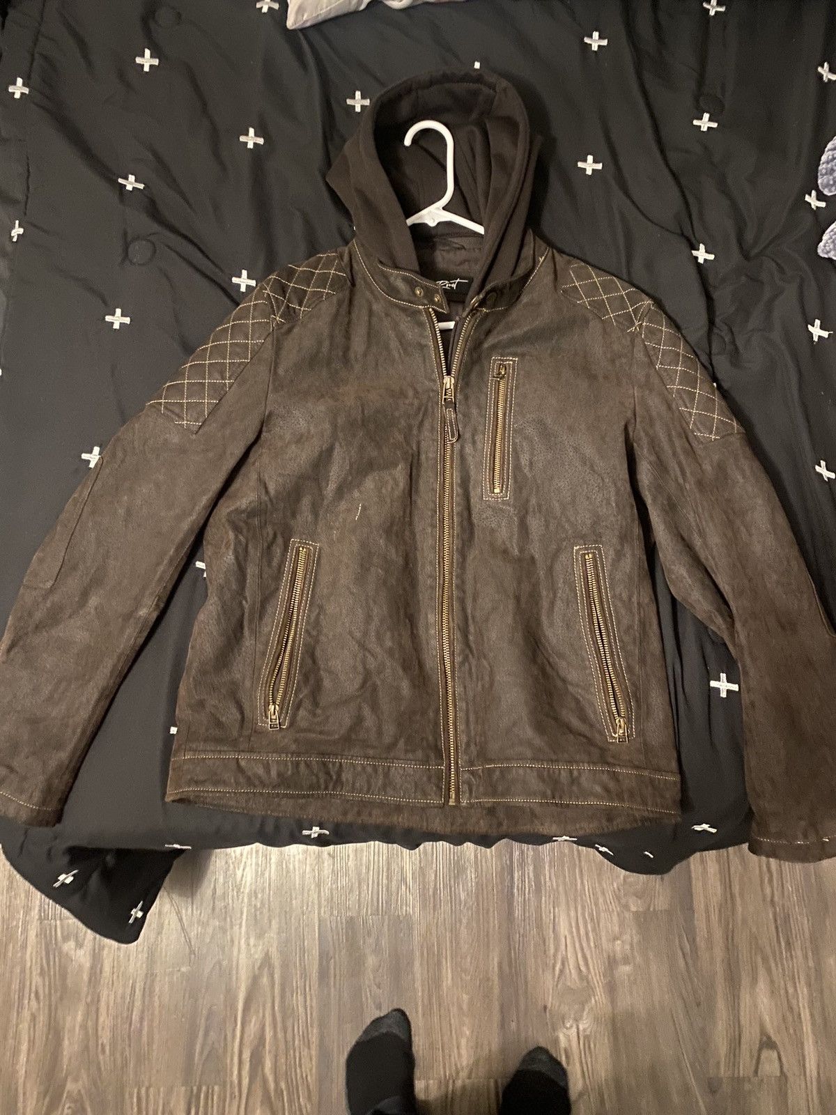 image of Black Rivet Leather Jacket in Brown, Men's (Size Large)