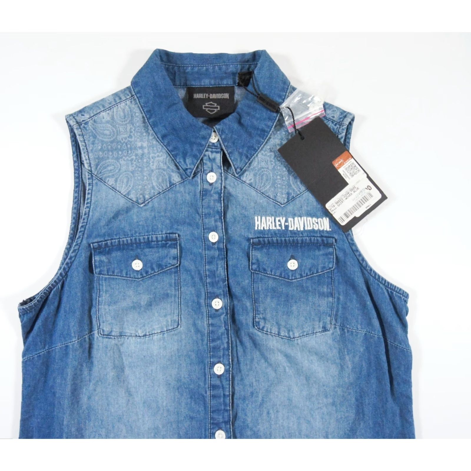 Harley Davidson VINTAGE Harley-Davidson Women's Shirt Small Blue Sleeveless Button-Down Motorcycle Casual All Seasons Size S / US 4 / IT 40 - 2 Thumbnail