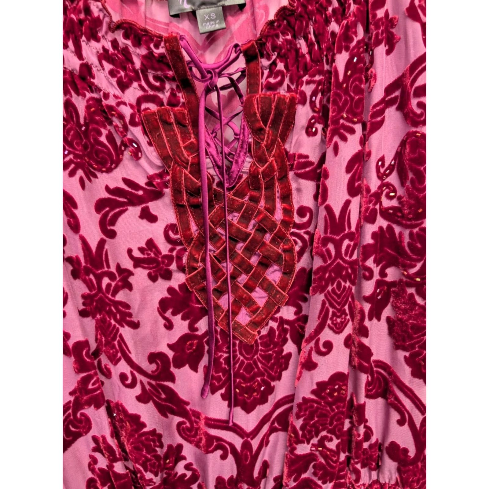 Vintage Hale Bob Blouse Silk Blend V-Neck Burn Out Velvet Red Floral XS Women Long Sleeve Tunic Party/Cocktail Size S / US 4 / IT 40 - 2 Thumbnail