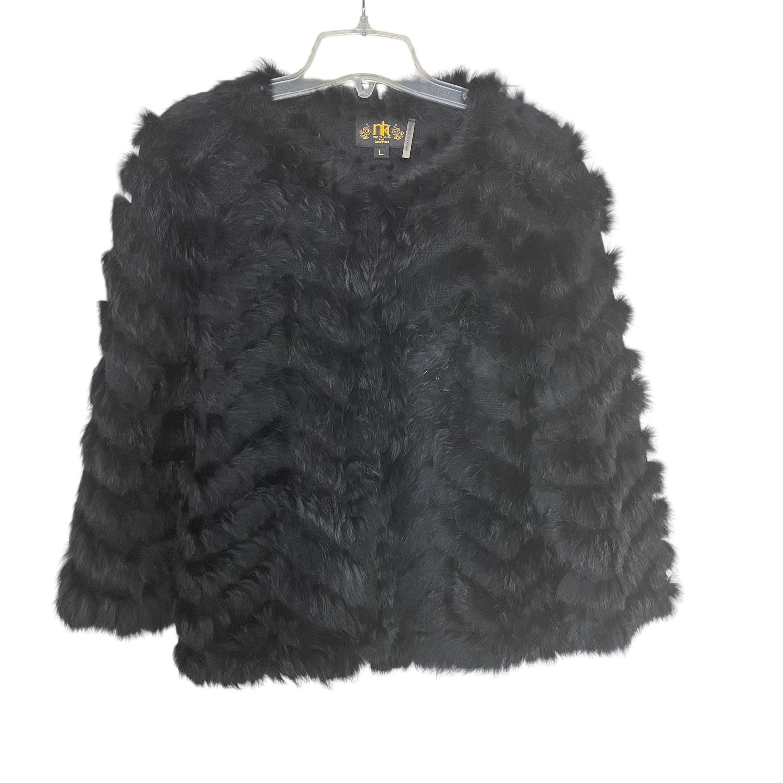 Other Metric Knits Black Rabbit Fur Chevron Mob Wife Jacket Size L / US 10 / IT 46 - 1 Thumbnail