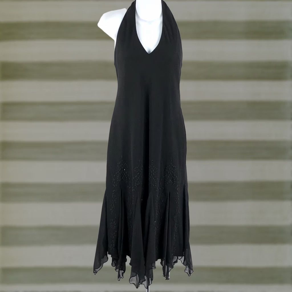 Vintage S.L. Fashions Halter Cocktail Dress Gown 12 Blk Handkerchief Hem Beads Whimsigoth Dress Female Womens Black 90s Formal Party/Cocktail Size XL / US 12-14 / IT 48-50 - 1 Thumbnail