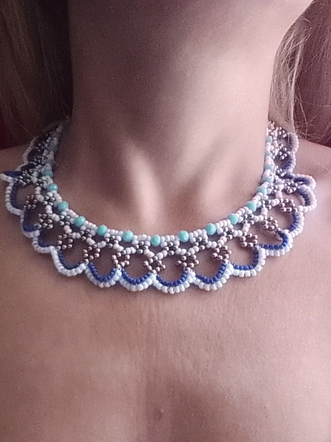 Handmade Choker Necklace White Blue Super glamour Size ONE SIZE - 8 Thumbnail