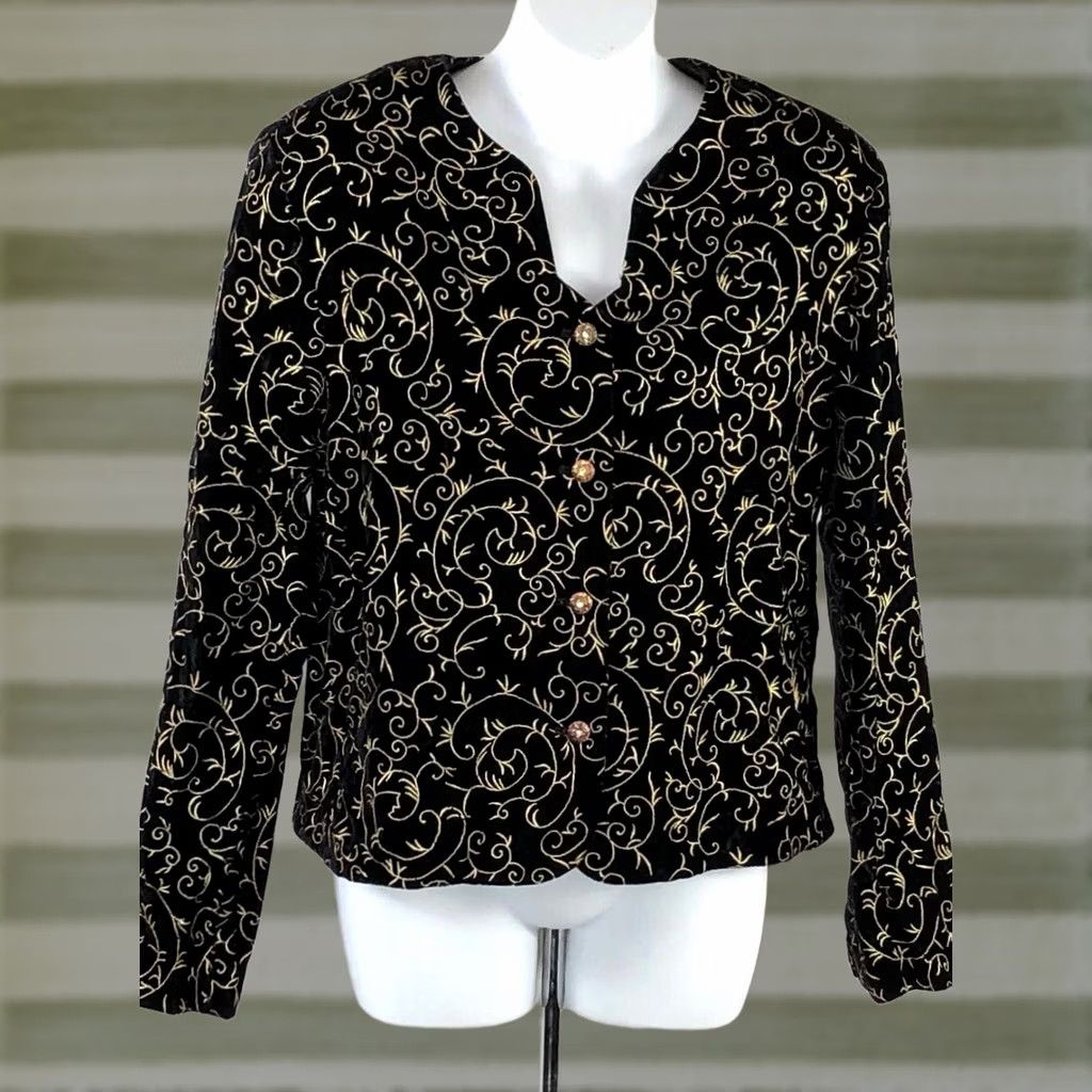Vintage Norton McNaughton Jacket Womens 12 Black Velvet Blazer Gold BIK Embroidered Jewel Button Size XL / US 12-14 / IT 48-50 - 1 Thumbnail