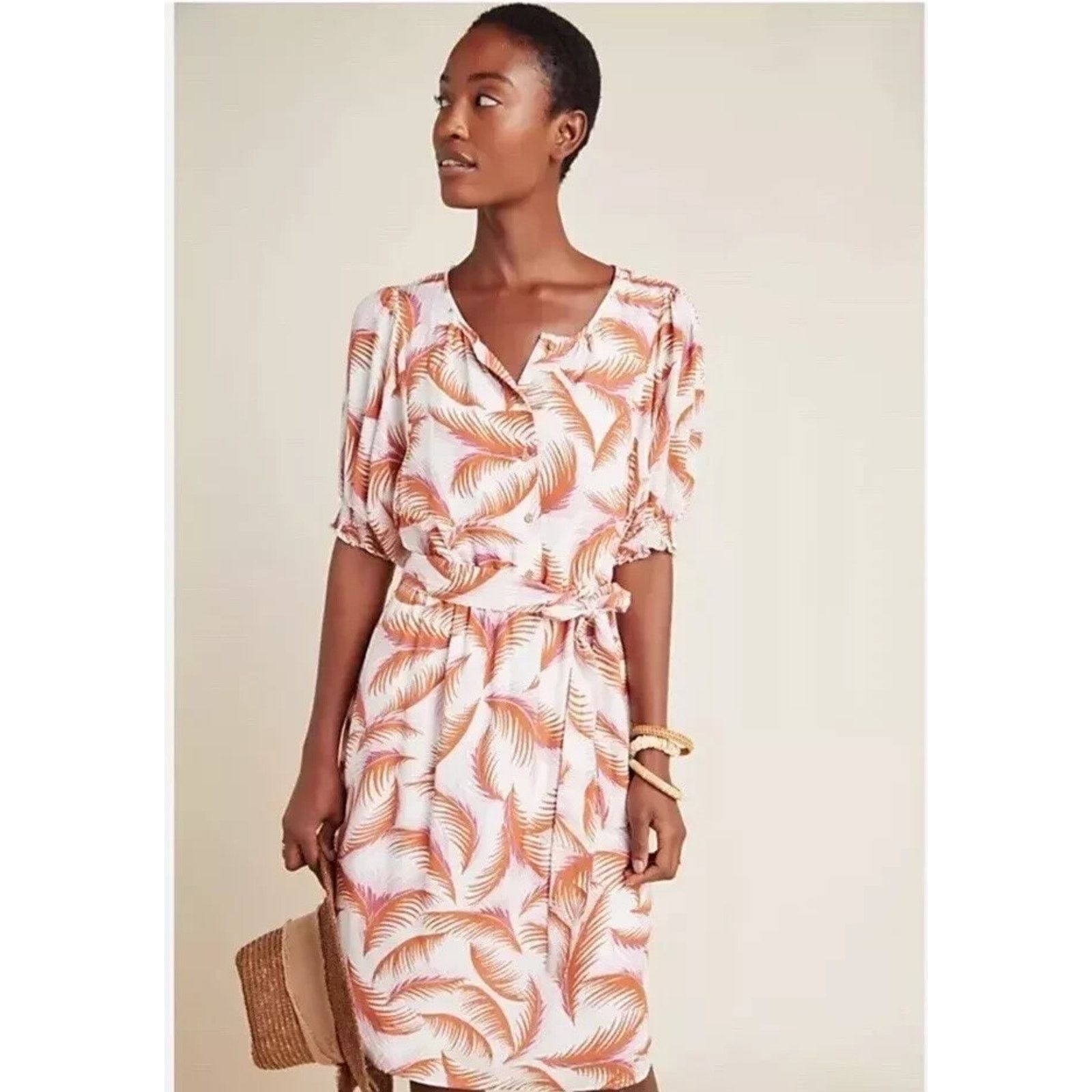 Anthropologie Anthropologie Orange & Pink Nicole Palm Shirtdress Medium Size M / US 6-8 / IT 42-44 - 1 Thumbnail