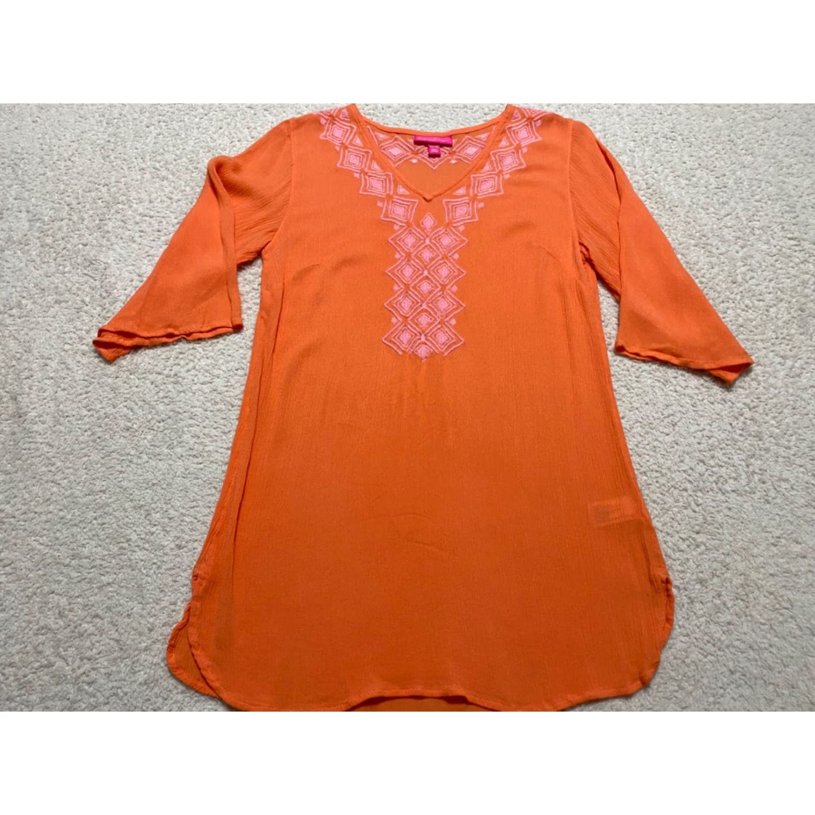Lilly Pulitzer VINTAGE Lilly Pulitzer Womens XS Shirt 3/4 Sleeve Solid Orange V-Neck Rayon Embroidered Size XS / US 0-2 / IT 36-38 - 2 Thumbnail