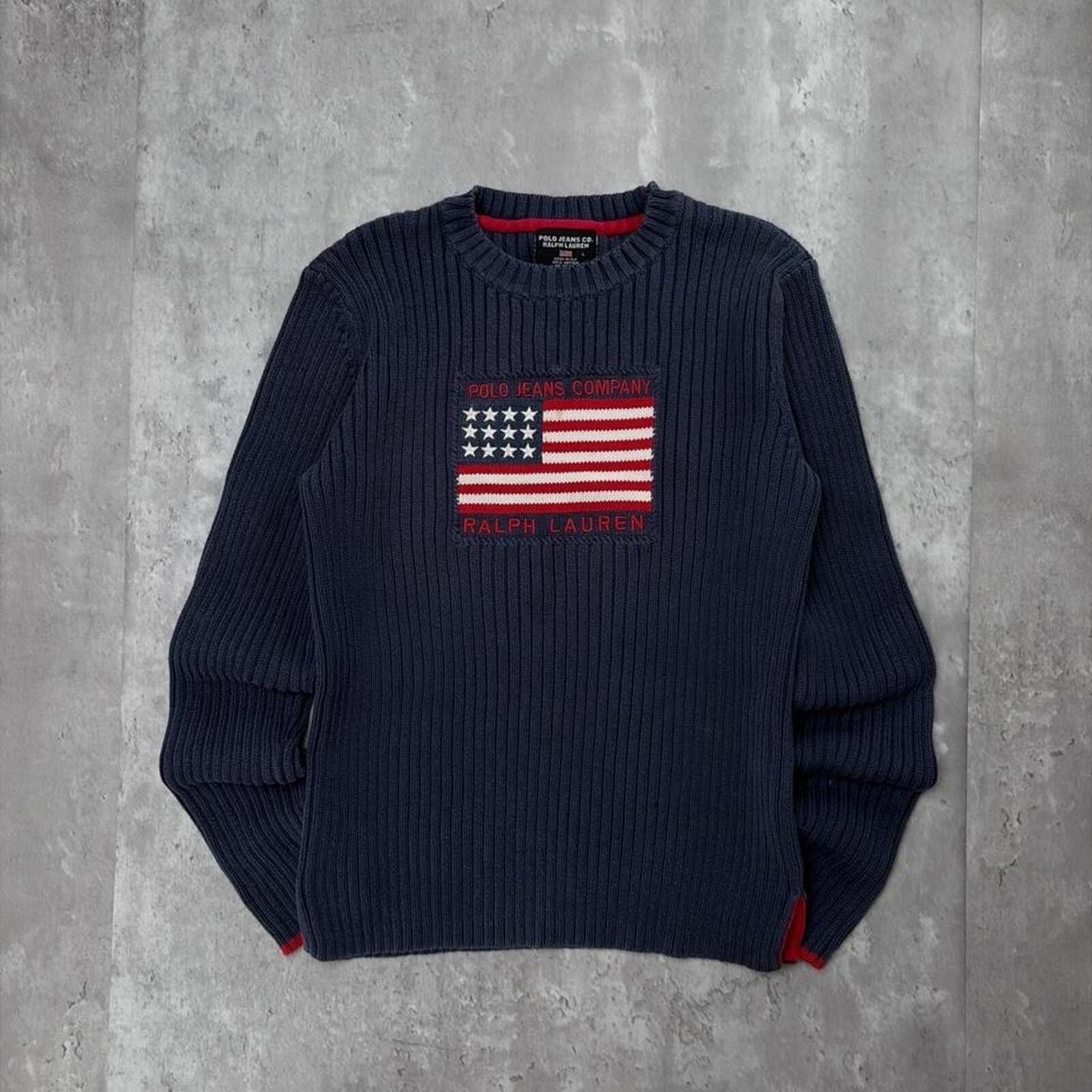 Polo Ralph Lauren Vintage Polo Jeans Comoany USA Flag Quilted Knit Sweater Size L / US 10 / IT 46 - 1 Thumbnail