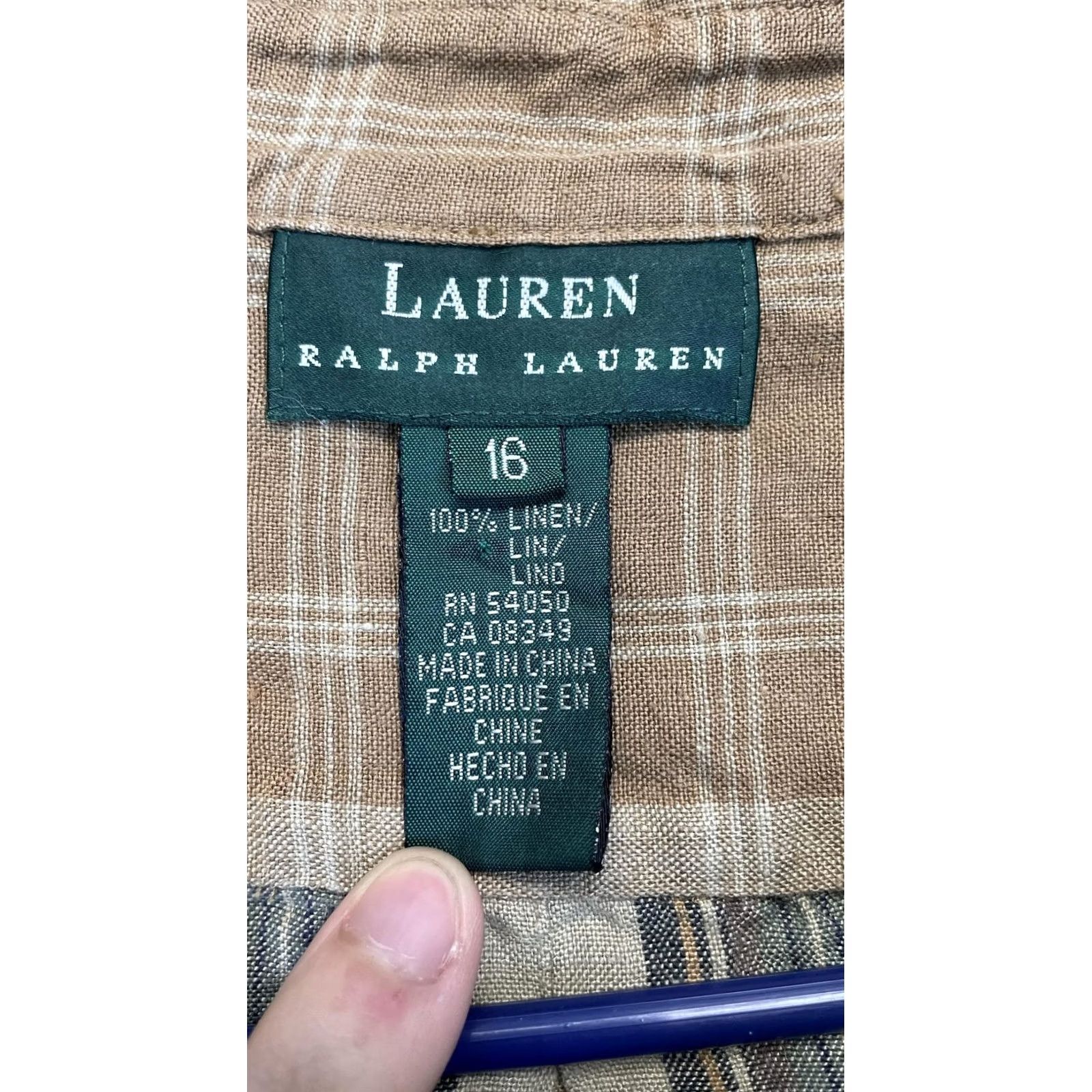Ralph Lauren Lauren Ralph Lauren Womens 16 Tan Plaid 100% Linen Shirt Button Front Collared Size XXL / US 16-18 / IT 52-54 - 3 Thumbnail